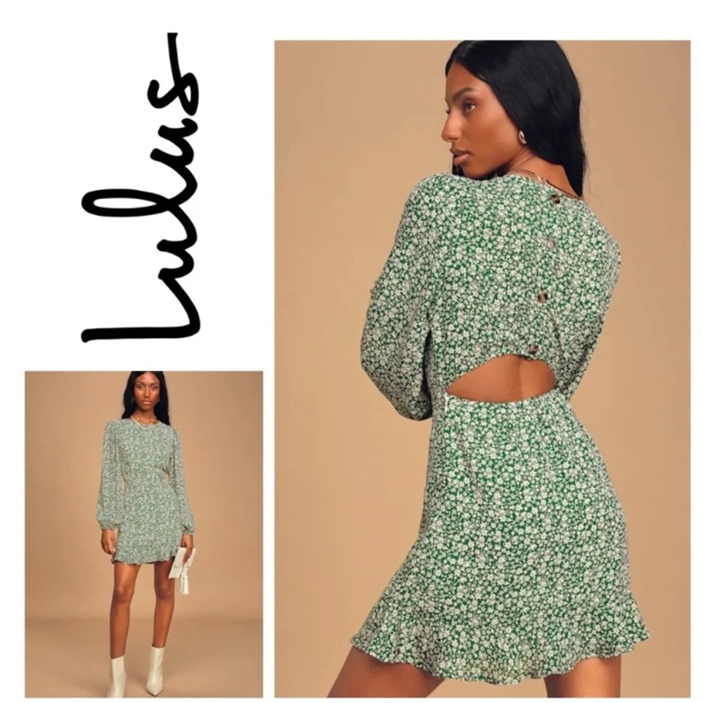 Lulus Green Floral Long Sleeve Cutout Back Ruffle Mini Dress Small